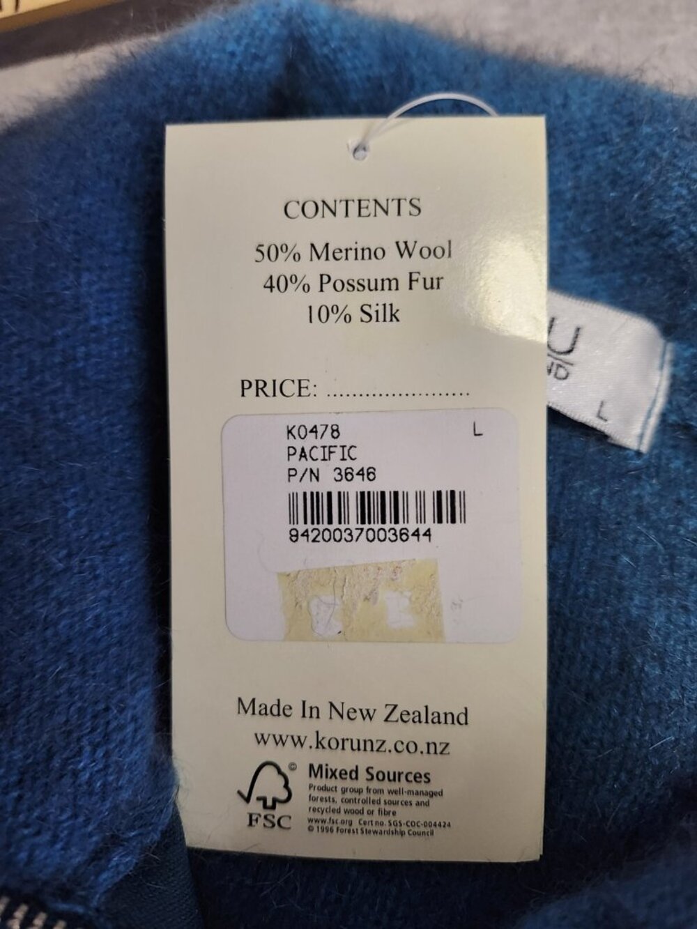 Koru New Zealand Ko478 Possumsilk Zip Jacket Size L Pacific Blue - Picture 6 of 7